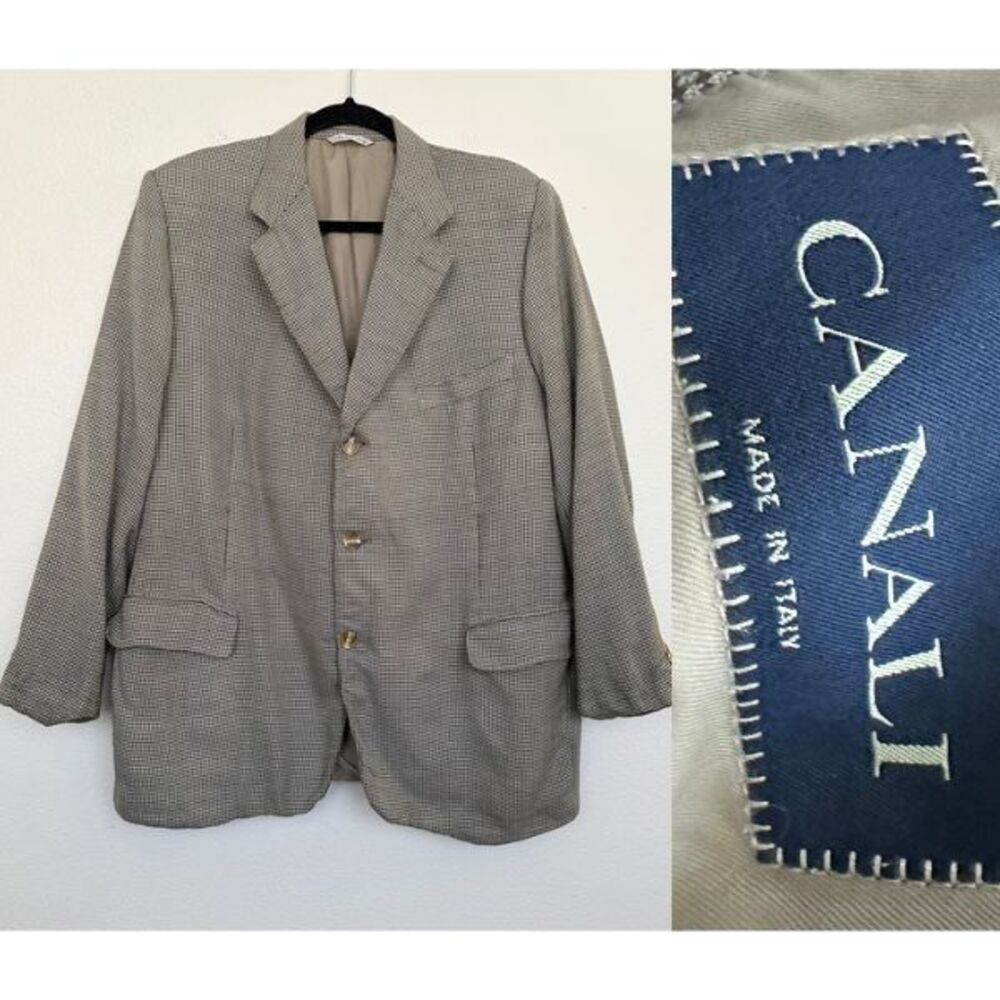 Canali Men's Silk Wool Three Button Sport Coat Blazer Micro Check Brown Size 52R